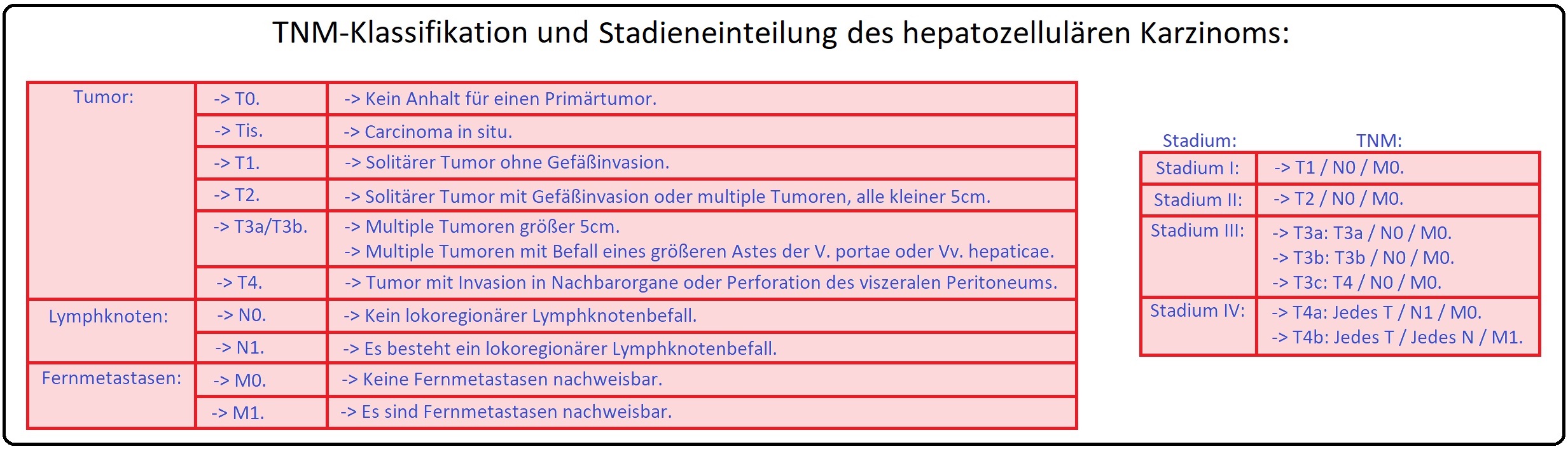 TNM Klassifikation und Stadieneinteilung des hepatozellulären Karzinosm